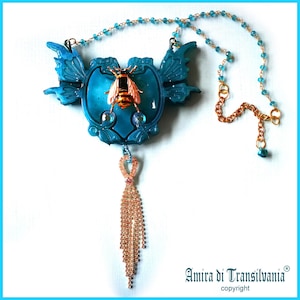 Queen Bee Halskette, Luxus Schmuck Teal Farbe Blazon, Gold Hummel Honig Biene Nest Lünette Anhänger, Insekt Charme Schmuck