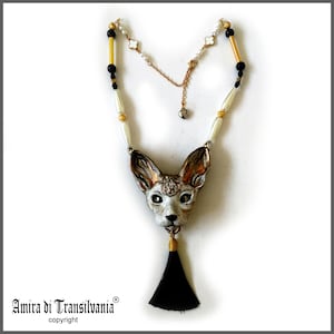 Sphinx Cat Jewellery Necklace, Art Deco Elegant Jewel Tassel Charm, Egyptian Pendant Locket Bib, Polymer Clay Jewelry