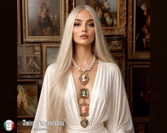 Gallery Wall Cameo Tie Necklace, Layered Pendant Statement Jewelry Antique Historical Baroque Sculptural Jewel