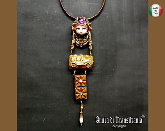 Belle Epoque 1900 Jewelry Art Deco Nouveau, Doll Head Pendant Vintage Old Car Liberty Style, Antique Charleston Charm