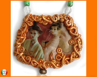 Pendentif long orange mandarine, collier fantaisie, poupée geisha japonaise en perles, beaux bijoux haute couture