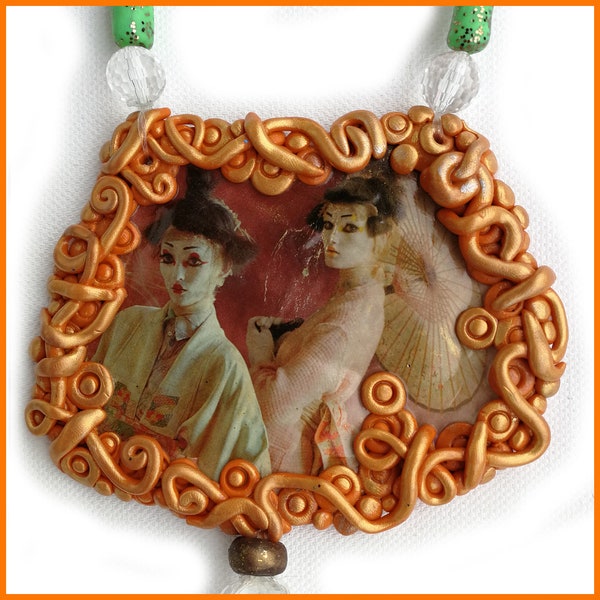 Pendentif long orange mandarine, collier fantaisie, poupée geisha japonaise en perles, beaux bijoux haute couture