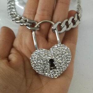 Silver Pendant, Hip Hop Necklace Jewelry, Rapper Chain Padlock Heart, Crystal Locket Charm, Jewellery Gangsta Rap Trap