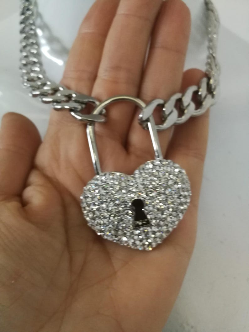 Silver Pendant, Hip Hop Necklace Jewelry, Rapper Chain Padlock Heart, Crystal Locket Charm, Jewellery Gangsta Rap Trap