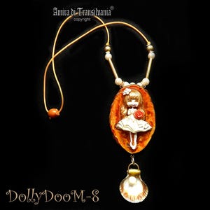 Polymer Clay Doll Pendant, Art Doll Handmade Fantasy Jewelry, Miniature Set Necklace Sculpture, Dolly Girl Flower Shell