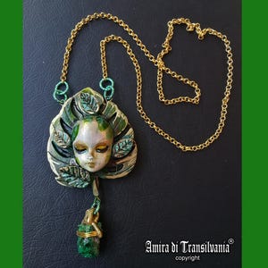 Fig Leaf, Ficus Carica Leaves Necklace, Lucky Flower Pendant Jewelry, Art Deco Nouveau Doll Head Sculpture Polymer Clay