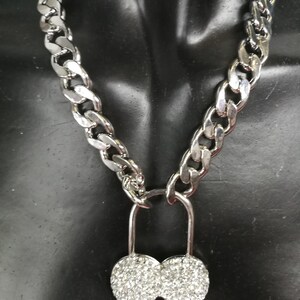 Silver Pendant, Hip Hop Necklace Jewelry, Rapper Chain Padlock Heart, Crystal Locket Charm, Jewellery Gangsta Rap Trap