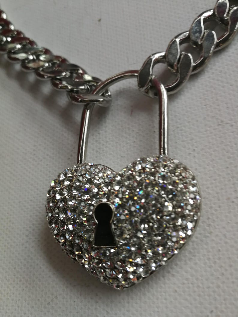 Silver Pendant, Hip Hop Necklace Jewelry, Rapper Chain Padlock Heart, Crystal Locket Charm, Jewellery Gangsta Rap Trap