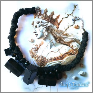Futuristic Necklace, Black Big Stone Jewelry, Handmade Avant garde Beaded Necklet, Italian Design Choker Chunky Collar