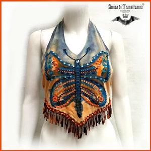 Orange Tank Top, Short Crop Top Ladies Summer Tanktop, Off-Shoulder Embroidered Blouse Butterfly,  Evening Cropped Vest