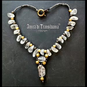 Rock Crystal Bib Necklace, Uncut Gemstone Raw Cut Stone Pendant, Romantic Charming Jewelry, Pearl Jewellery Charm Locket