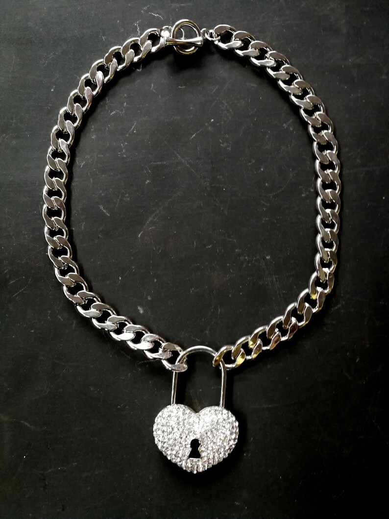 Silver Pendant, Hip Hop Necklace Jewelry, Rapper Chain Padlock Heart, Crystal Locket Charm, Jewellery Gangsta Rap Trap