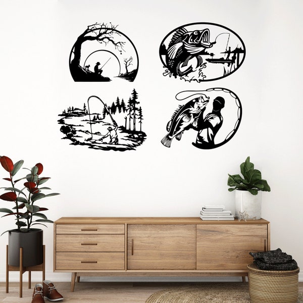 Pêcheur poisson découpé au laser dxf svg glowforge fichiers wall art sticker vinyle autocollant silhouette CNC découpe routeur numérique vecteur téléchargement