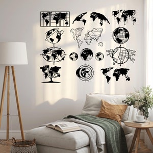 Weltkarte Globus Laser geschnitten Eps Dxf Glühlampe Dateien Wandkunst Aufkleber Vinyl Aufkleber Silhouette Vorlage Cnc Fräser Sofort-Download