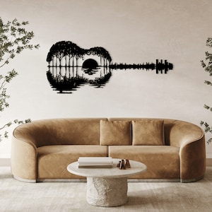 Gitaar boom zonsondergang laser gesneden dxf svg glowforge bestanden muur kunst sticker vinly sticker silhouet sjabloon cnc snijden router digitale download