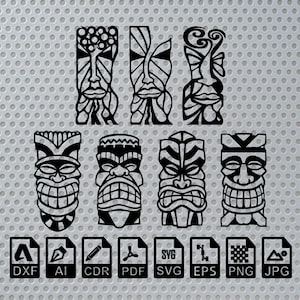 Tiki Masker Tribal Hawaiian Traditionele laser gesneden dxf svg glowforge bestand muur kunst sticker vinly sticker silhouet sjabloon cnc snijden downloaden