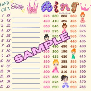 Princess 500 every row bingo board with profit