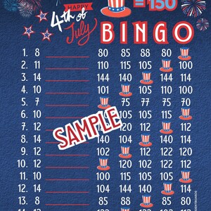 4th of July pyp 150 every row bingo board with profit