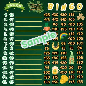 St Patrick’s Day Bingo Board 180 every row with profit