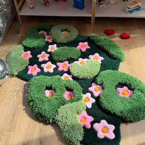 Handmade 3D Pink Floral Moss Rug – Tufted Flower Carpet, Green Botanical Decor