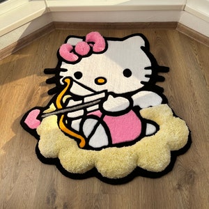 Alfombra de Cupido: Alfombra mullida y personalizada, hecha a mano con un ángel y un lazo, decoración kawaii para dormitorio, ideal como regalo para amantes de las alfombras bonitas.