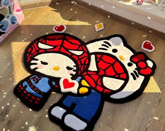 Spider x Custom Kitty Rug – Puffy Geknoopt Crossover Tapijt, Schattig Handgemaakt Decor, Fluffy Anime Cadeau Tapijt voor Meisjeskamer of Slaapkamer Vloer