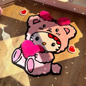 ピンクのクマのカスタムラグ - ふわふわの3Dタフテッドカーペット、かわいい手作り装飾、子供部屋や彼女へのプレゼントに最適なふわふわアニメラグ