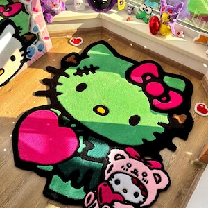 フランケンシュタインのキティハロウィンラグ – アニメファンやハロウィン好きのための、ふわふわでかわいいモンスターデコレーション、カスタムタフテッド不気味キュートカーペット