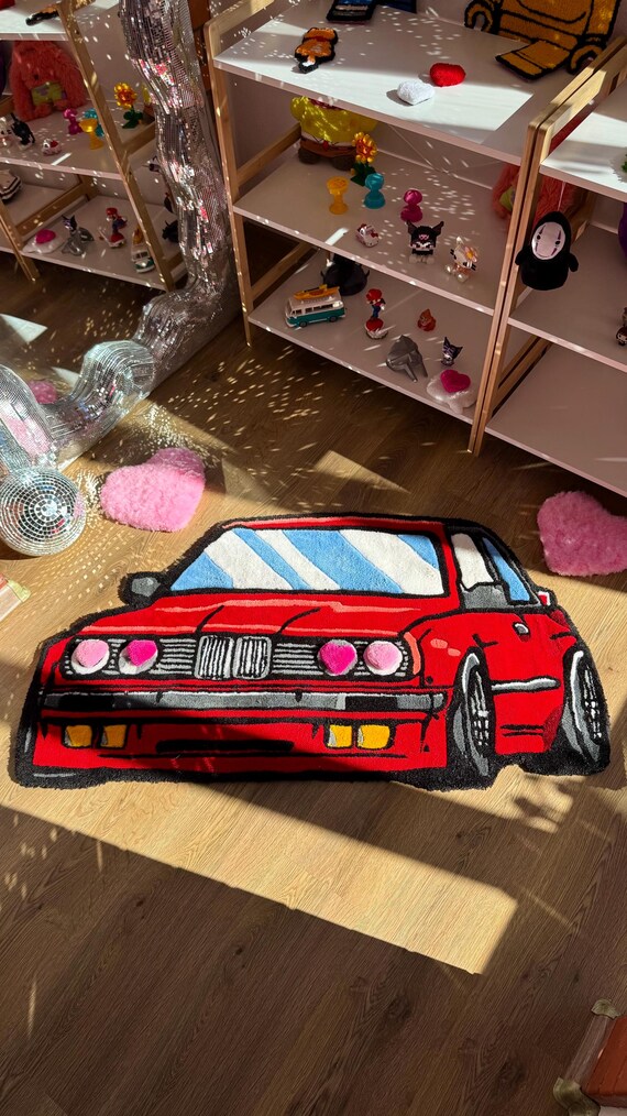 SALE IN STOCK, 3 ft Red jdm Car Tufted Rug – Custom Handmade Drift Car Carpet, Cool Racing Room Decor for Car Lovers, Auto Enthusiast Gift