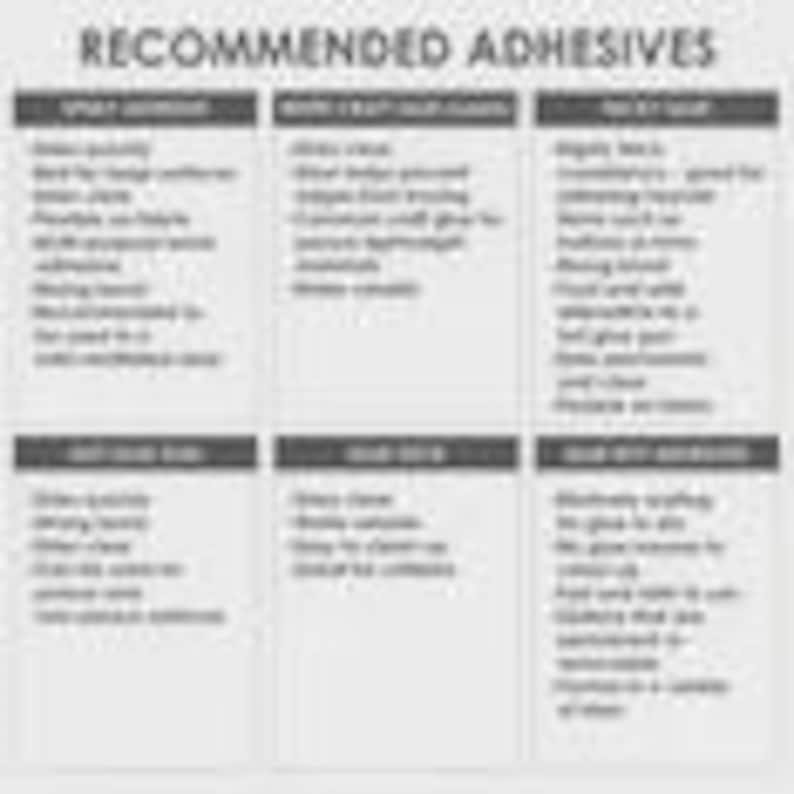May include: A graphic with the text "RECOMMENDED ADHESIVES" lists spray adhesive, craft glue, and tacky glue. Each adhesive type has a description of its features and uses. The background is a light gray color.