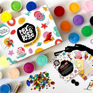 May include: A colourful air dry clay activity kit with 24 colours of clay, a variety of accessories, and activity cards. The kit includes googly eyes, sequins, and a welcome card.