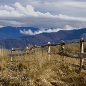 Peut inclure: Une clôture en bois vieillie s'étend sur un champ herbeux, avec une vue sur des montagnes bleues lointaines et des nuages blancs moelleux dans le ciel.