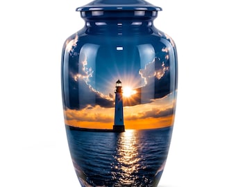 Urna funeraria con diseño de faro y puesta de sol sobre el océano para obsequio de condolencias - Urnas funerarias conmemorativas para adultos para cenizas humanas - Recuerdo decorativo con paisaje marino costero
