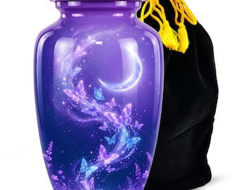 Urna funeraria con forma de mariposa lunar para regalo de funeral - Urnas funerarias conmemorativas para adultos - Recuerdo funerario púrpura con diseño de cielo nocturno celestial para el recuerdo