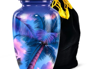 Urna funeraria con diseño de palmera tropical para recuerdo - Urnas funerarias para adultos - Recuerdo inspirado en la playa Paradise Sunset para honrar la memoria de un ser querido.