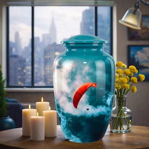 May include: Teal-colored cremation urn with a glossy finish. The urn features a scenic design of a paraglider soaring over a cloudy ocean. Four lit candles and a vase of yellow flowers sit nearby, creating a serene and comforting atmosphere.