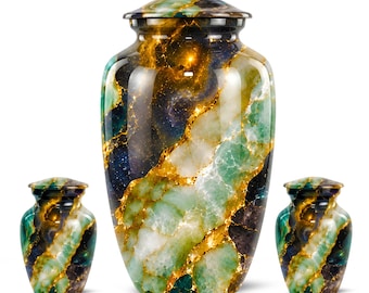 Urna funeraria de ónix esmeralda Galaxy con vetas de oro para el funeral de mamá y papá - Urnas conmemorativas como regalo de recuerdo - Recuerdo funerario de mármol de lujo