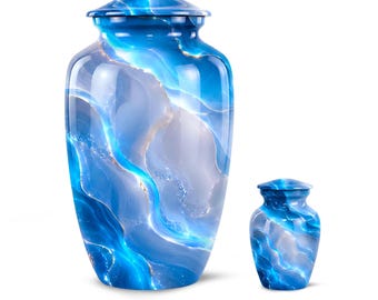 Urna funeraria de mármol azul con diseño de flujo para regalo de funeral - Urnas funerarias conmemorativas para adultos - Recuerdo decorativo abstracto de lujo inspirado en el océano