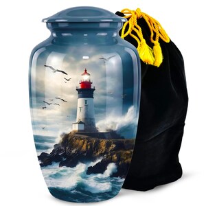 Lighthouse Ocean Cremation Urn For Sympathy Gift - Coastal, Beacon, Blue Memorial Ashes Holder - Sea Wave Storm Tribute Urns For Adult Ashes