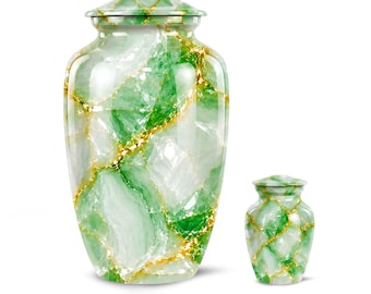 Urna funeraria de jade cristal con vetas doradas para cenizas humanas - Urnas funerarias conmemorativas para adultos por la pérdida de un ser querido - Recuerdo funerario de piedra preciosa verde