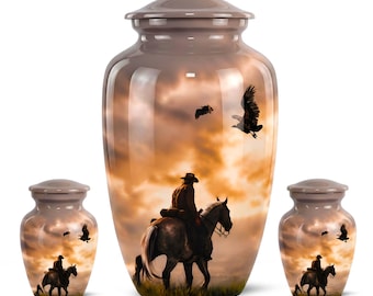 Urna funeraria con diseño de águila y caballo vaquero para cenizas humanas - Urnas conmemorativas para adultos por la pérdida de un ser querido - Recuerdo con paisaje de rancho del oeste