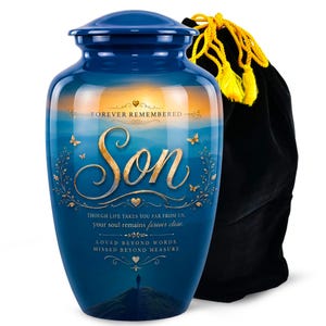Urna na prochy syna jako prezent na znak współczucia – Blue Sunset Mountain Funeral Keepsake – Urny na wieczne wspomnienie
