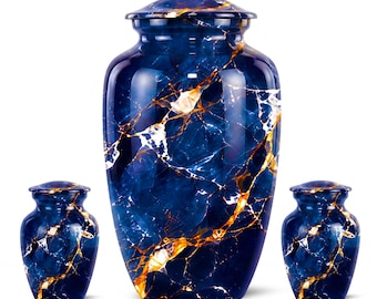 Urna funeraria de mármol azul medianoche y dorado para condolencias - Urnas funerarias conmemorativas para adultos para cenizas humanas - Recuerdo decorativo con diseño de piedra