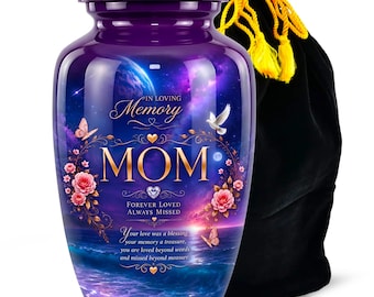 Könnte beinhalten: Eine violette Urne mit einer kosmischen Ozeanszene, rosa Rosen, Schmetterlingen und einer weißen Taube. Der Text lautet: In Loving Memory MOM, Forever Loved Always Missed, sowie ein Gedicht. Ein schwarzer Samtbeutel mit gelben Quasten ist enthalten.