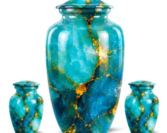 Urna funeraria de mármol jade azul aguamarina para regalos conmemorativos - Urnas funerarias conmemorativas para adultos, lujosa piedra con vetas doradas, recuerdo funerario