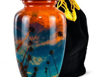 Juego de urnas funerarias con diseño de palmeras al atardecer para las cenizas de mamá y papá - Urnas conmemorativas para funerales - Recuerdo para adultos con temática de entierro tropical