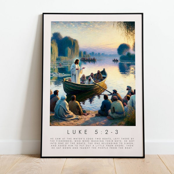Jesus Teaching From The Boat PHYSICAL PRINT | LUKE 5:2-3 | Jesus Bible Print Art | Christian Landscape | Birthday Gift | Scripture