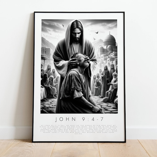 Jesus Heals Blind Man PHYSICAL PRINT | John 9:4-7 | Jesus Bible Print Art | Christian Landscape | Birthday Gift | Scripture