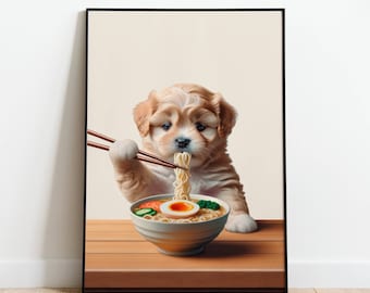 Cute Puppy Eating Ramen INSTANT DOWNLOAD | Animal Eating Print | Funny Wall Art | Funny Kitchen Humor | Wall Decor | Gift For Dog Owner