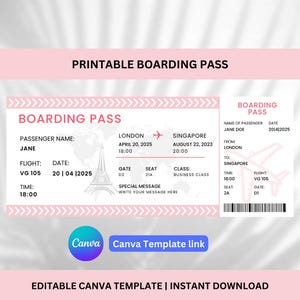 Editable Boarding Pass Template, Printable Airline Ticket, Canva Boarding Pass Surprise Trip, Digital Download DIY Boarding Ticket